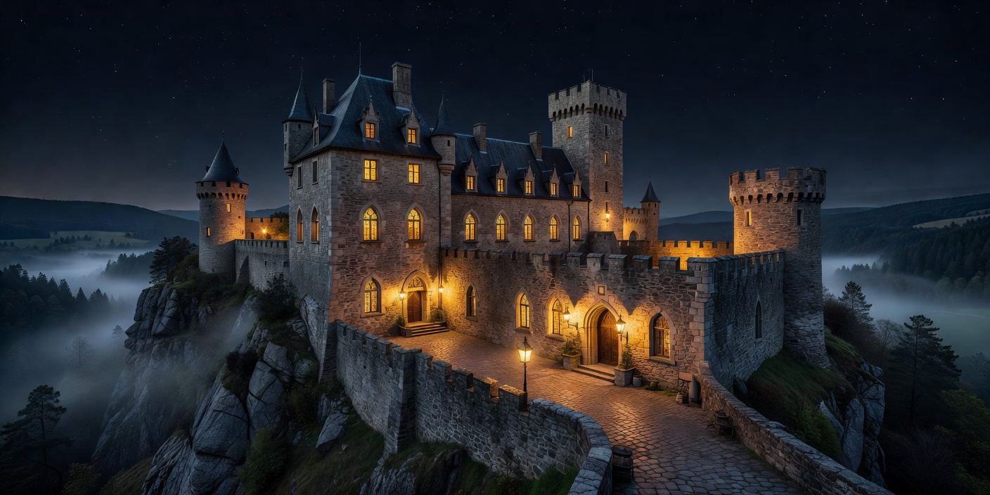 Historic European castle hotel lit up at night
