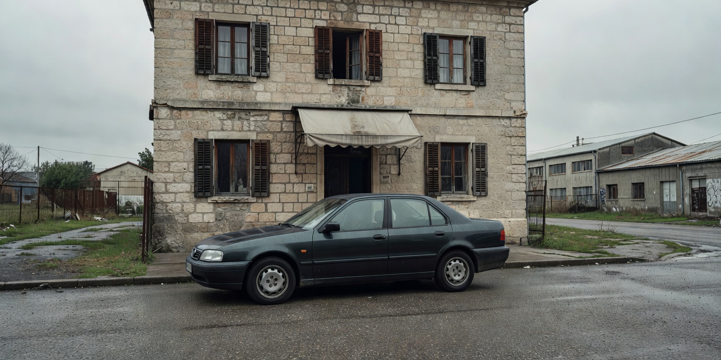 Car parked outside a European urban fringe hotel